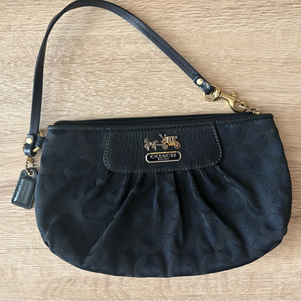 Coach Black Signature Jacquard Wristlet Clutch with Gold Hardware